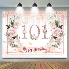 Lofaris Light Pink Floral Glitter Happy 101 Birthday Backdrop