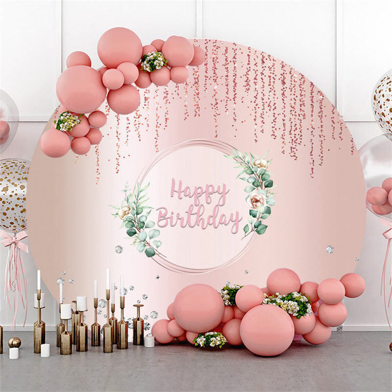 Lofaris Light Pink Glitter Green Leaves Round Birthday Backdrop