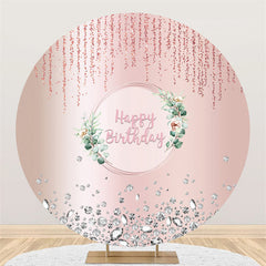 Lofaris Light Pink Glitter Green Leaves Round Birthday Backdrop