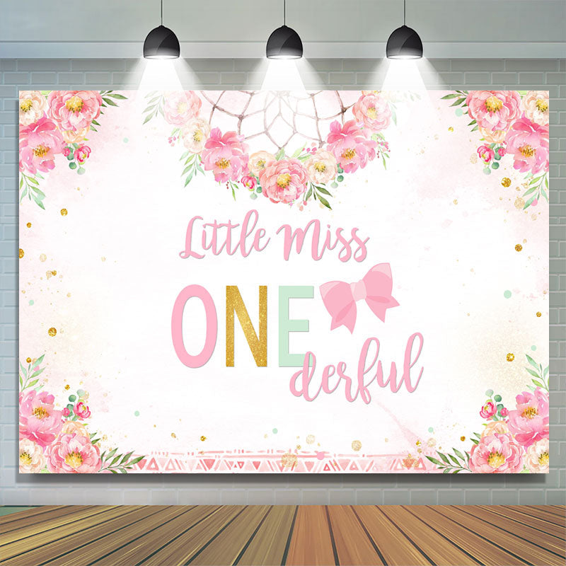 Lofaris Little Miss Onederful Pink Folral Birthday Backdrop