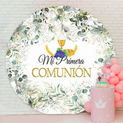 Lofaris Mi Primera Comunion Green Leaves Circle Baptism Backdrop