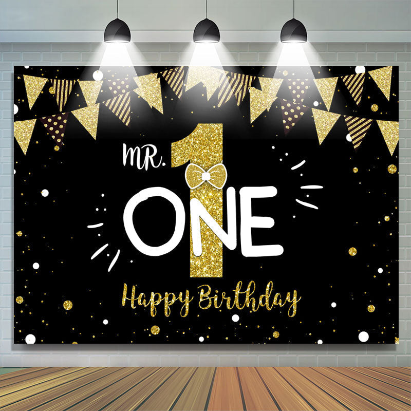 Lofaris Mr.One Black and Gold 1st Birthday Backdrop for Boy