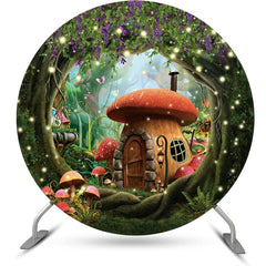 Lofaris Mushroom House Floral Forest Round Birthday Backdrop