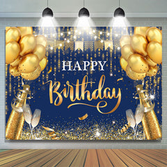 Lofaris Navy Blue And Golden Balloons Happy Birthday Backdrop