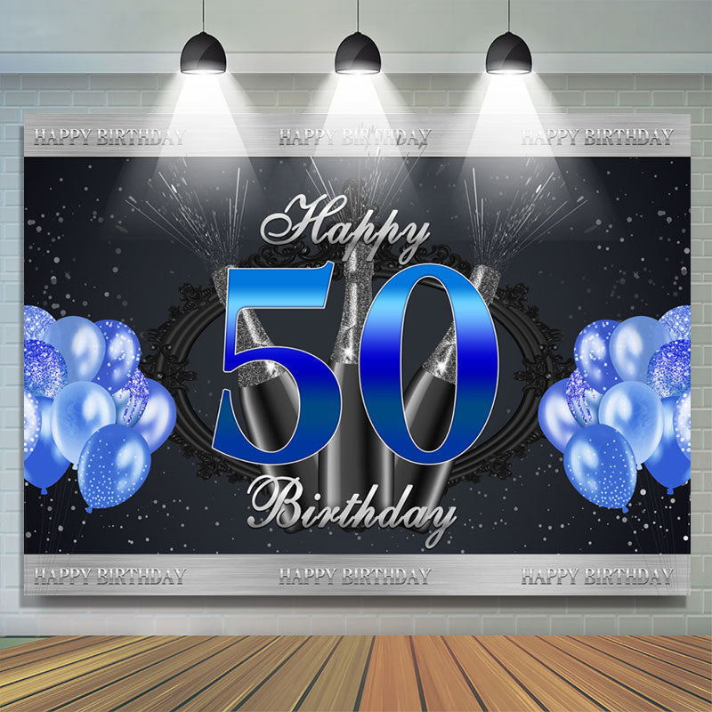 Lofaris Navy Blue Glitter Balloons Happy 50th Birthday Backdrop