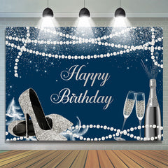 Lofaris Navy Blue Silver High Heels Happy Birthday Backdrop