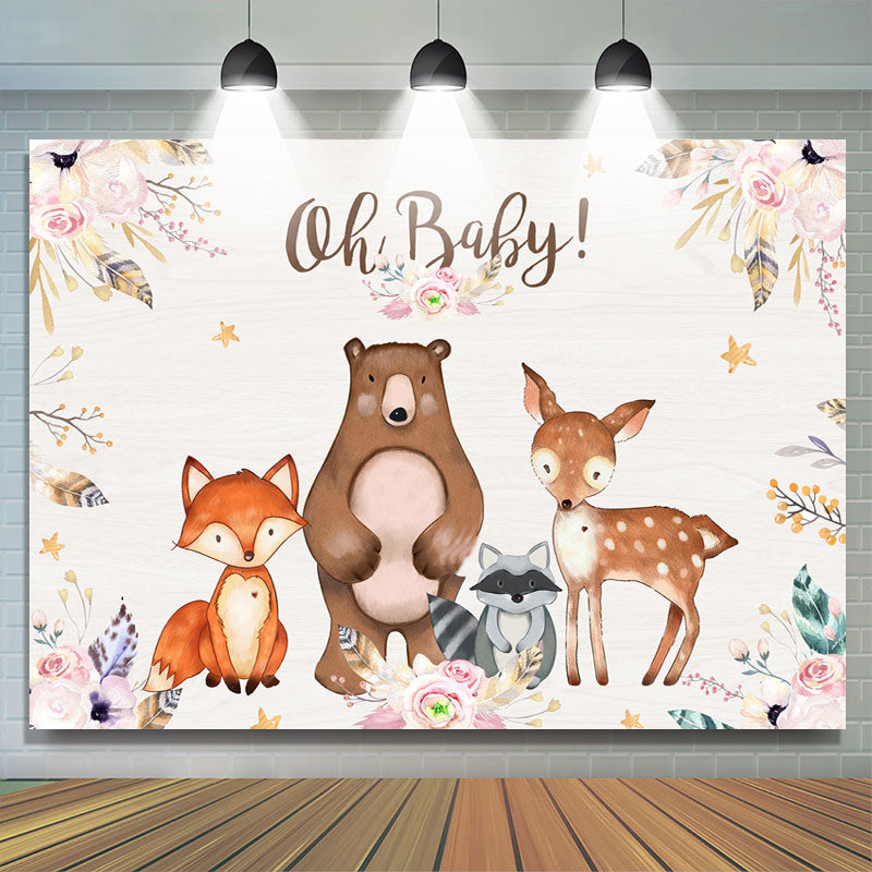 Lofaris Oh Baby Pink Floral Animals Shower Backdrop