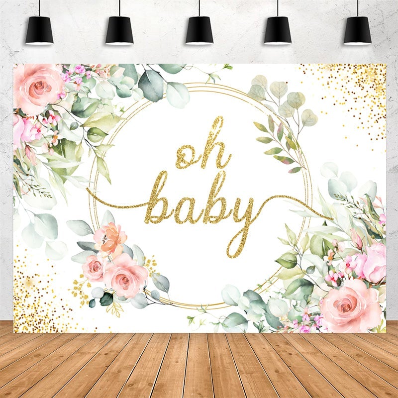 Lofaris Oh Baby Pink Flower Gold Shower Backdrop For Girl