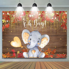 Lofaris Oh Boy Elephant Red Leaves Gold Glitter Baby Shower Backdrop