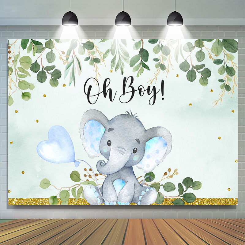 Lofaris Oh Boy Green Leaves Blue Elephent Baby Shower Backdrop