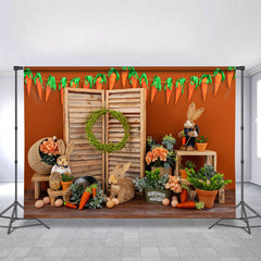 Lofaris Orange Wall With Carrot Wooden Happy Easter Backdrop