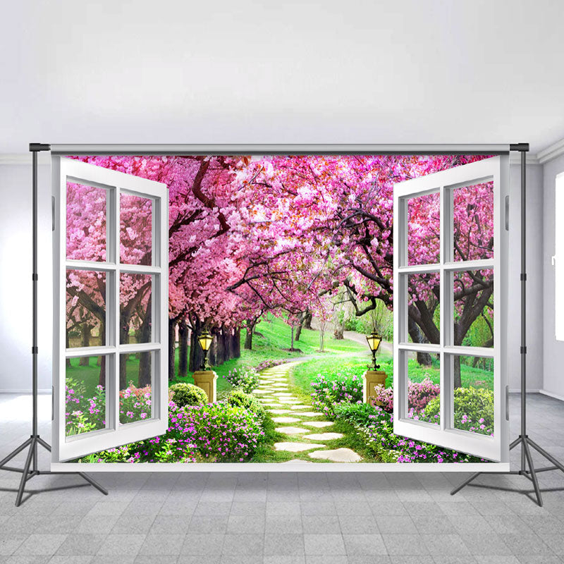 Lofaris Peach Blossom And Grassland White Window Theme Backdrop
