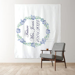 Lofaris Personalized Blue Floral Wreath Bridal Shower Backdrop Banner