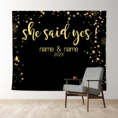 Lofaris Personalized Gold She Said Yes Black Wedding Backdrop