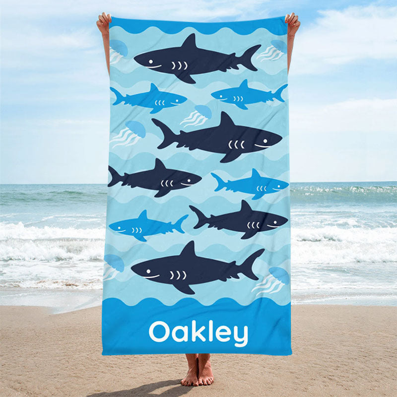 Lofaris Personalized Lightweight Blue Shark Boys Beach Towel