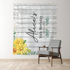 Lofaris Personalized Yellow Floral Wooden Birthday Backdrop