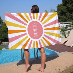 Lofaris Personalized Yellow Pink Stripes Sunset Beach Towel