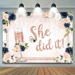 Lofaris Pink And Dark Blue Floral She Did It Glitter Backdrop