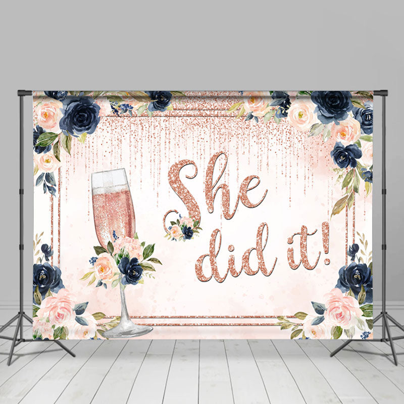 Lofaris Pink And Dark Blue Floral She Did It Glitter Backdrop