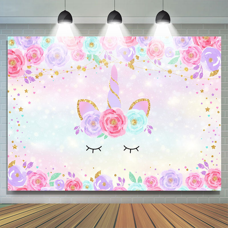 Lofaris Pink and Purple Floral Unicorn themed Glitter Backdrop