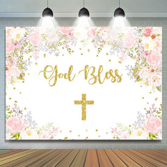 Lofaris Pink And White Floral God Bless Baby Shower Backdrop