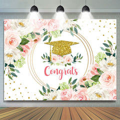 Lofaris Pink And White Floral Gold Glitter Congrats Backdrop