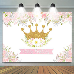 Lofaris Pink and White Floral Golden Crown Birthday Backdrop