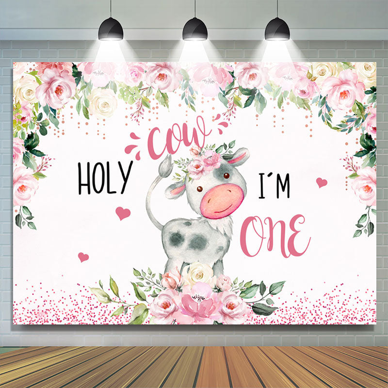 Lofaris Pink And White Floral Holy Cow 1st Birthday Backdrop