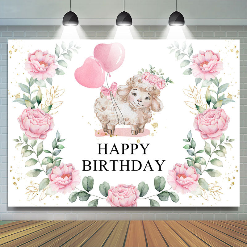 Lofaris Pink Balloon Floral And Little Sheep Birthday Backdrop