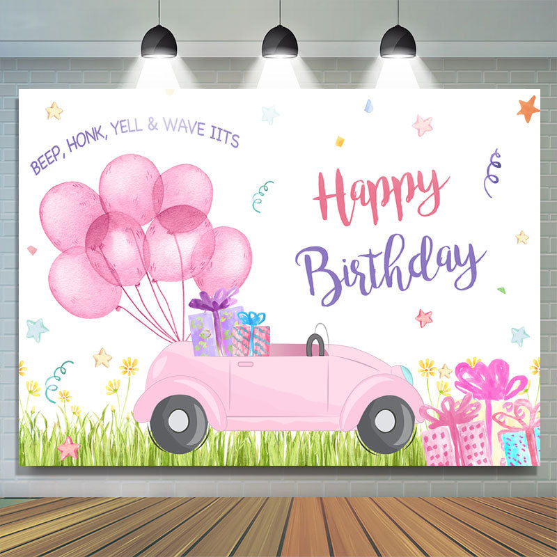 Lofaris Pink Balloons Car Happy Birthday Backdrop For Girl