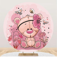 Lofaris Pink Butterfly And Floral Bear Round Baby Shower Backdrop