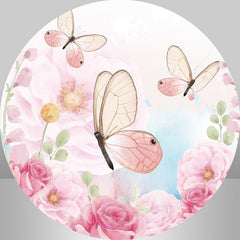 Lofaris Pink Butterfly And Floral Round Girls Birthday Backdrop