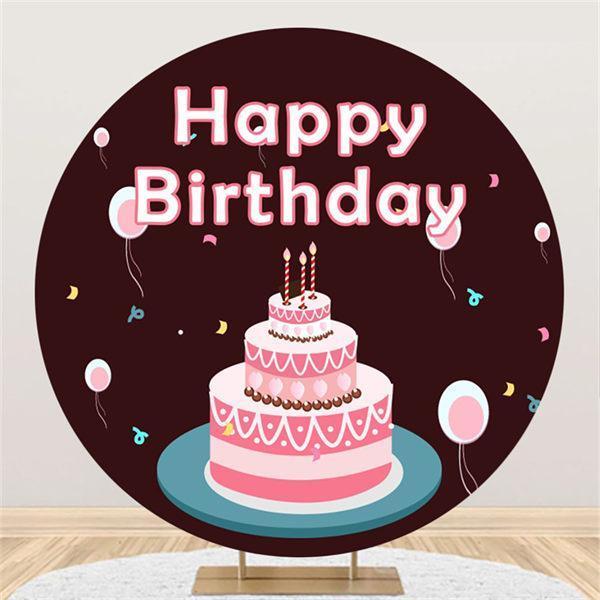 Lofaris Pink Cake And Ballons Round Happy Birthday Backdrop