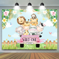 Lofaris Pink Car And Cute Little Animals 1st Birthday Backdrop