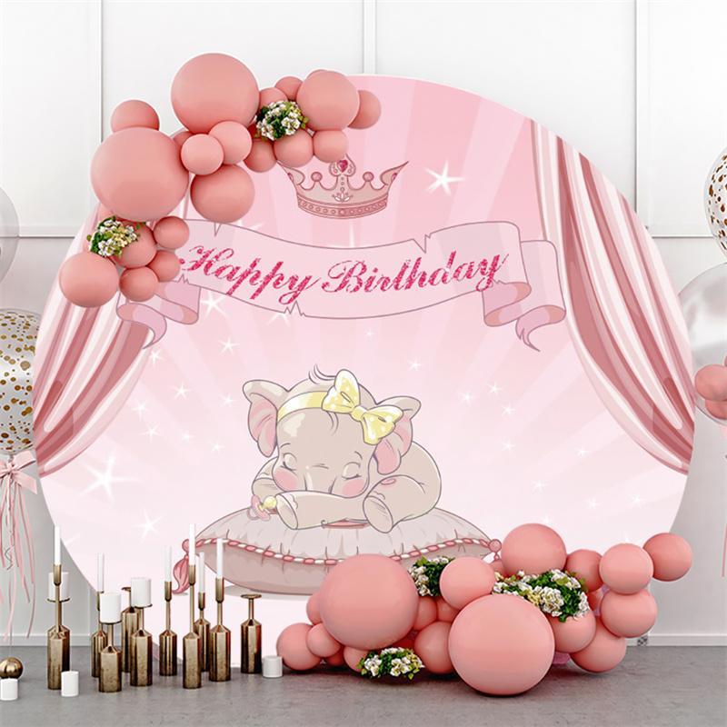 Lofaris Pink Curtain Elephant Happy Birthday Round Backdrop