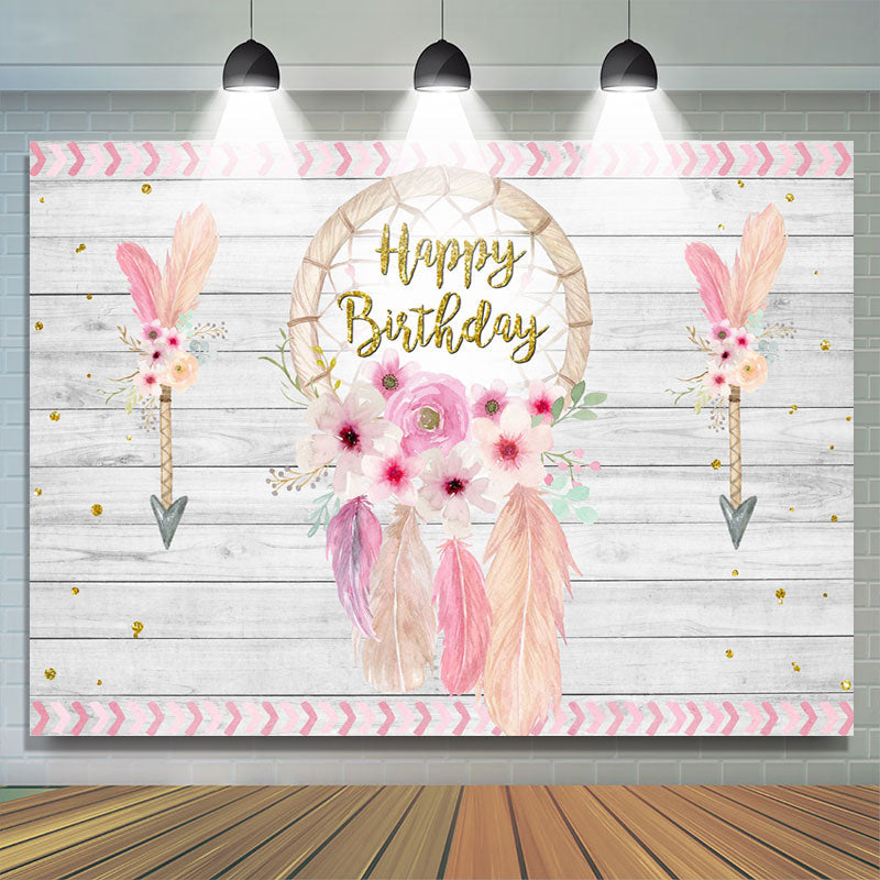 Lofaris Pink Dreamcatcher Happy Birthday Floral Backdrop for Girls