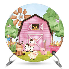 Lofaris Pink Farm Animals Brithday Round Backdrop Cover