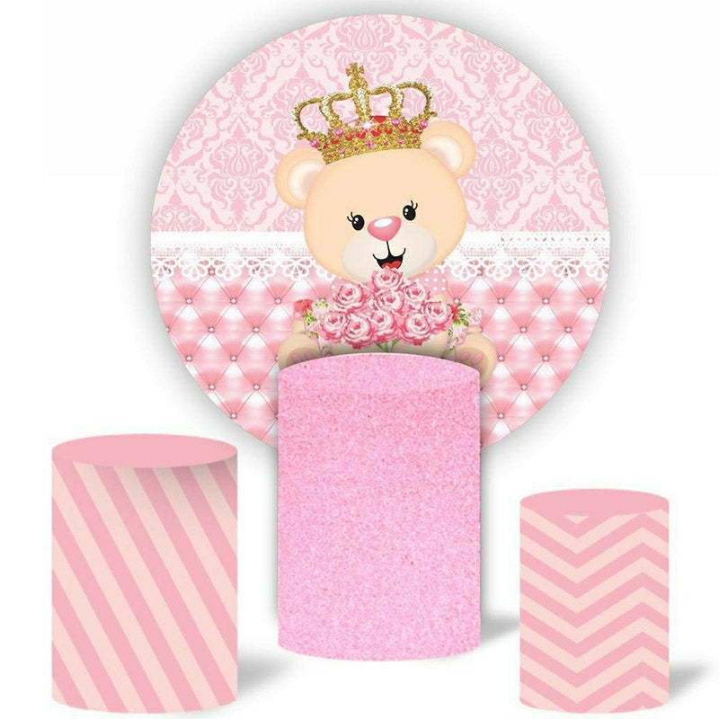 Lofaris Pink Floral And Bear Round Girls Birthday Backdrop Kit