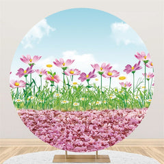 Lofaris Pink Floral And Blue Sky Round Baby Shower Backdrop