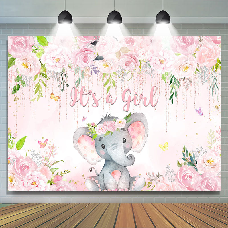 Lofaris Pink Floral And Elephant Its A Girl Baby Shower Backdrop