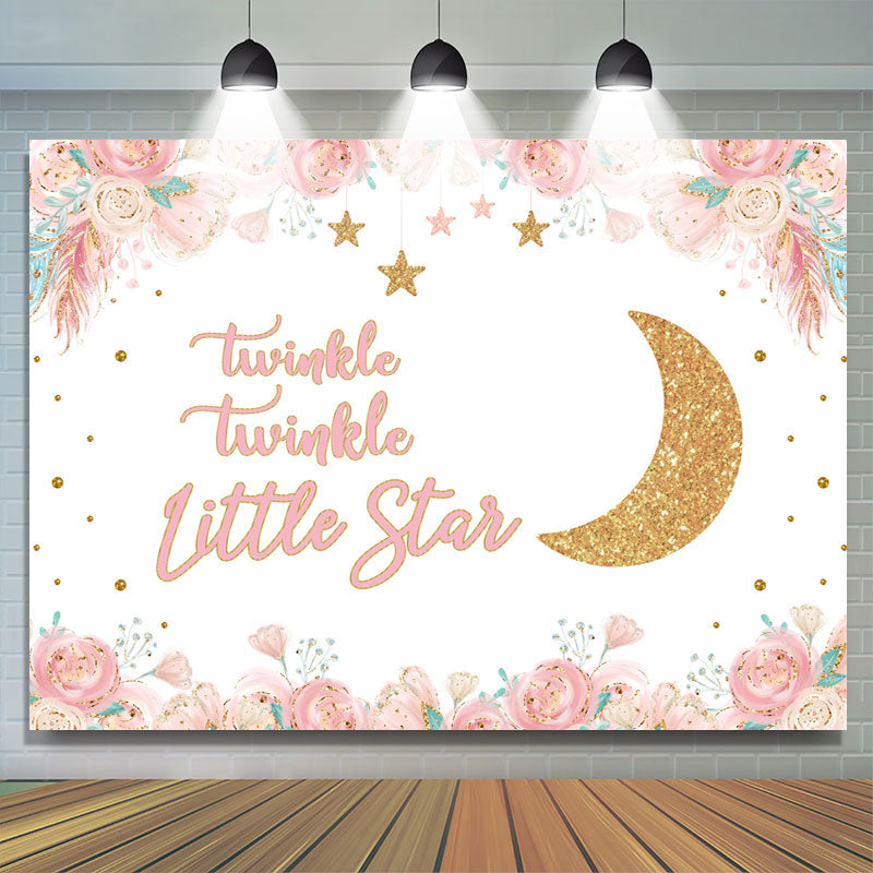 Lofaris Pink Floral And Golden Moon Stars Backdrop For Children