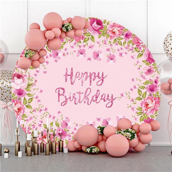 Lofaris Pink Floral And Custom Round Birthday Backdrop