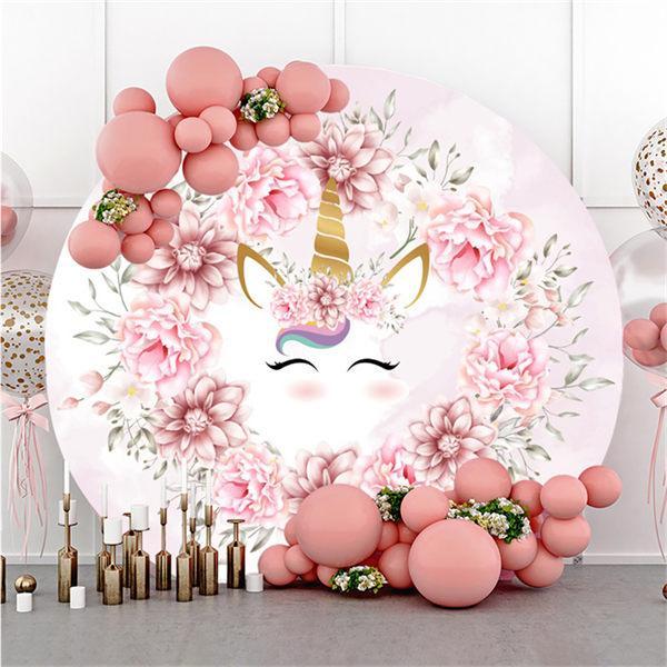 Lofaris Pink Floral And Unicorn Circle Backdrop For Baby Shower