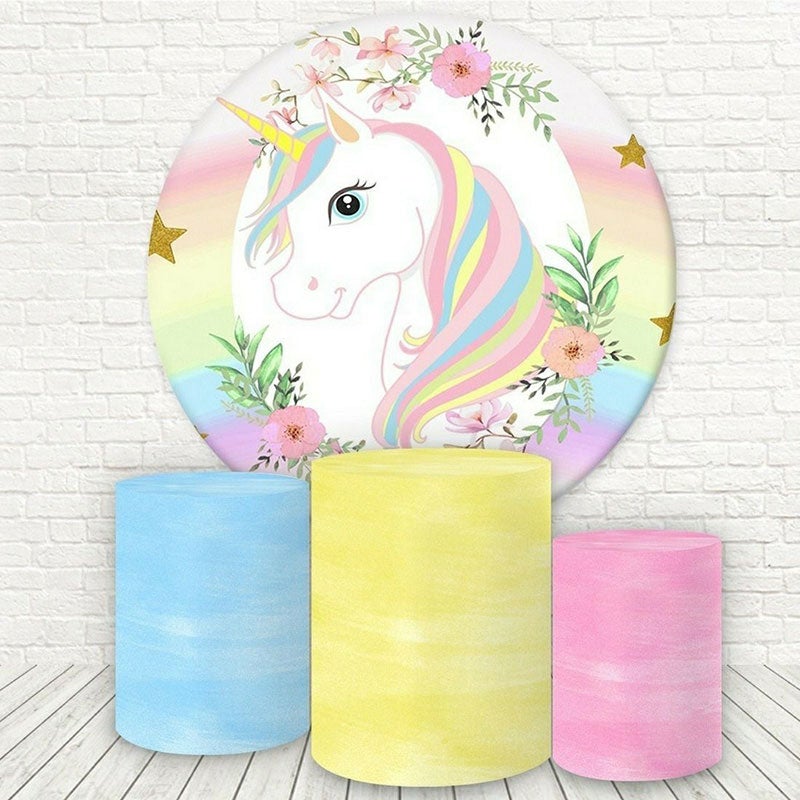 Lofaris Pink Floral And Unicorn Round Happy Birthday Backdrop