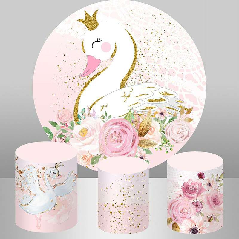 Lofaris Pink Floral And White Swan Round Girls Birthday Backdrop