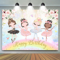 Lofaris Pink Floral Glitter Dance Girl Happy Birthday Backdrop