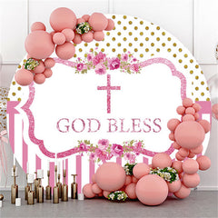 Lofaris Pink Floral Glitter God Bless Round Baby Shower Backdrop