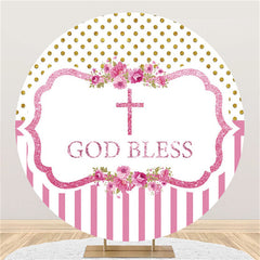 Lofaris Pink Floral Glitter God Bless Round Baby Shower Backdrop