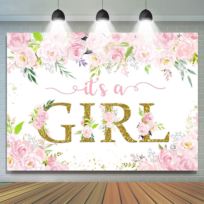 Lofaris Pink Floral Glitter Its A Girl Baby Shower Backdrop