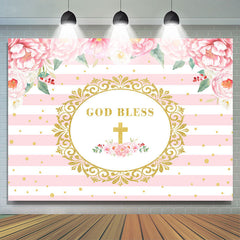 Lofaris Pink Floral God Bless Gold Stripe Backdrop for Photo